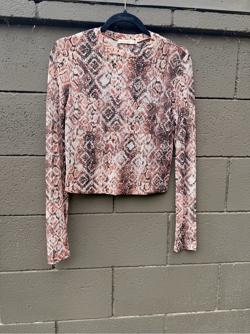 Active USA Snake-Print Long Sleeve Crop Top in Pink and Brown